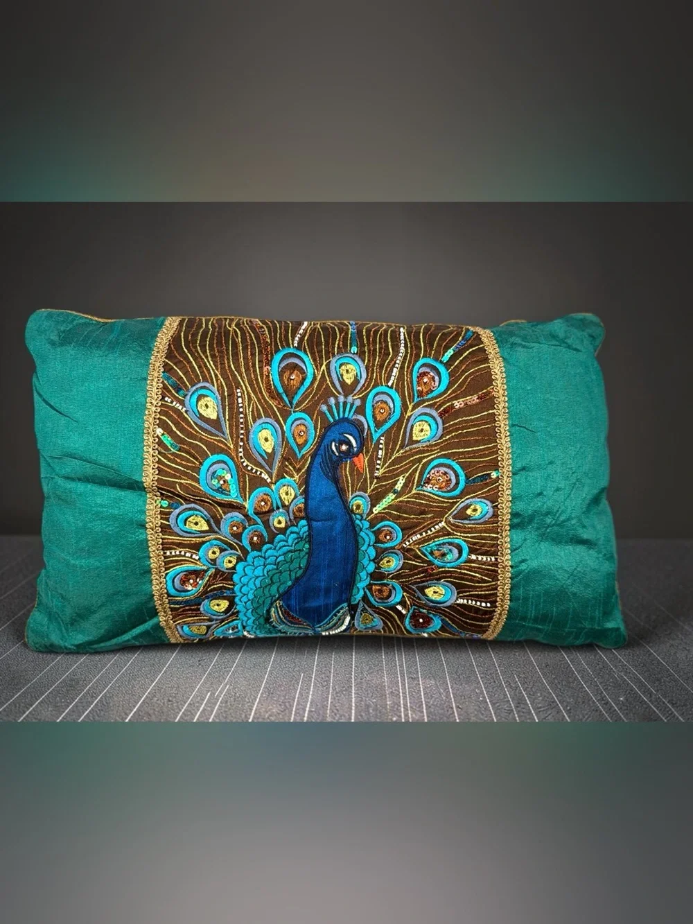 Pier 1 Imports Peacock Embroidered Sequin Lumbar Pillow 12x20 Teal Brown Gold